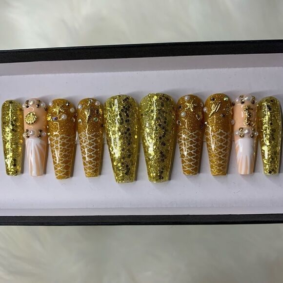 Yellow Mermaid 🧜♀️ Custom Press On Nails | High Quality Nails | Handmade - Picture 3 of 15